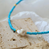 Blue Colored Stone Baroque Pearl Necklace - floysun