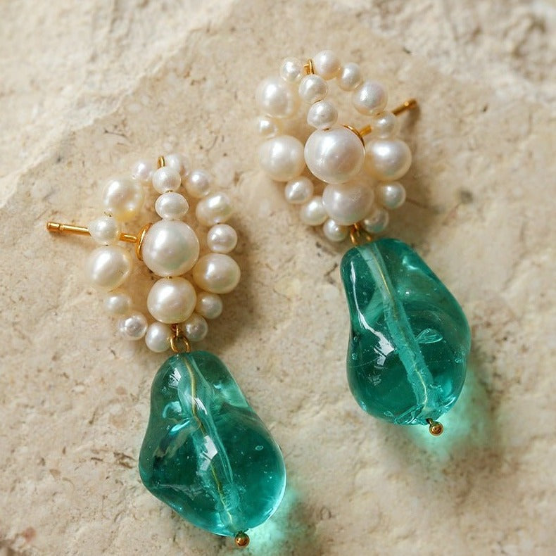 Green Baroque Glass & Pearl Woven Earrings