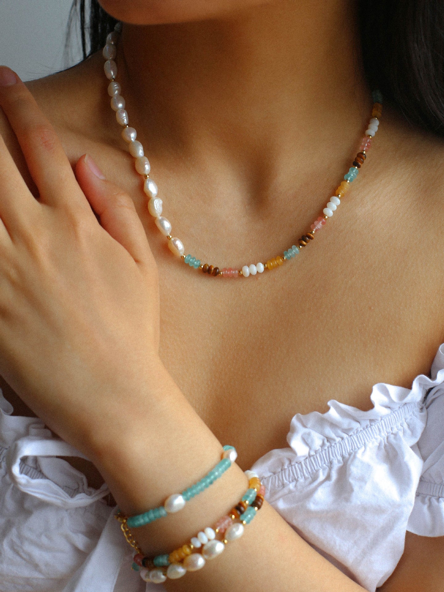 Blue Natural Stone Beaded Freshwater Pearl Bracelet - floysun