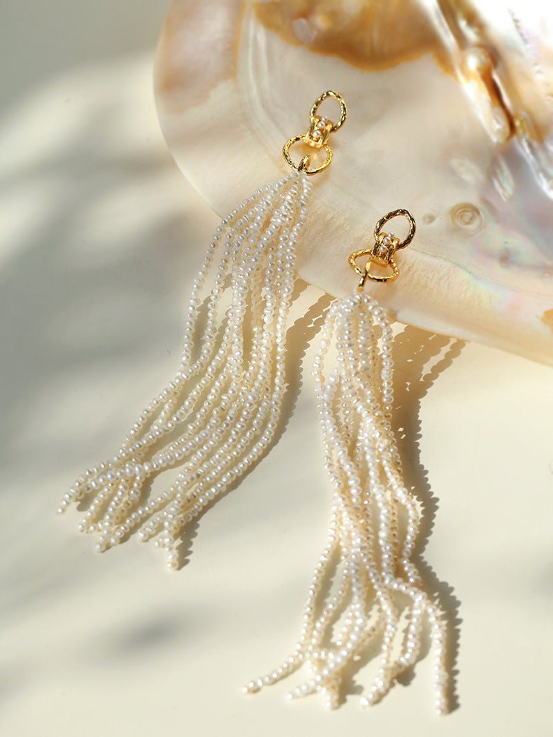 Braided Long Rice Grain Pearl Earring - floysun