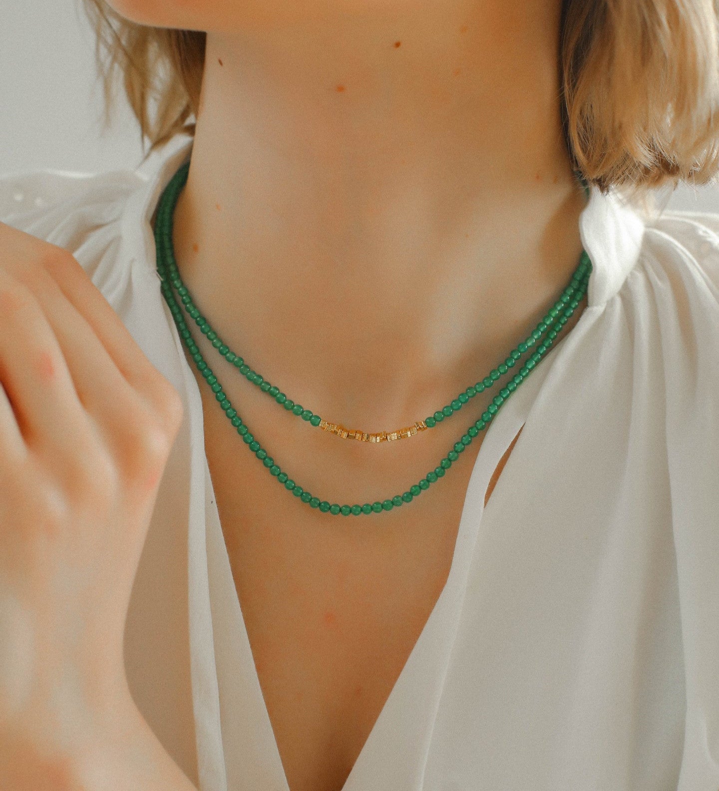 Broken Gold Green Agate Beaded Necklace - floysun