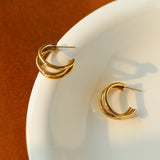 C Shape Three Prong Gold Earrings - floysun