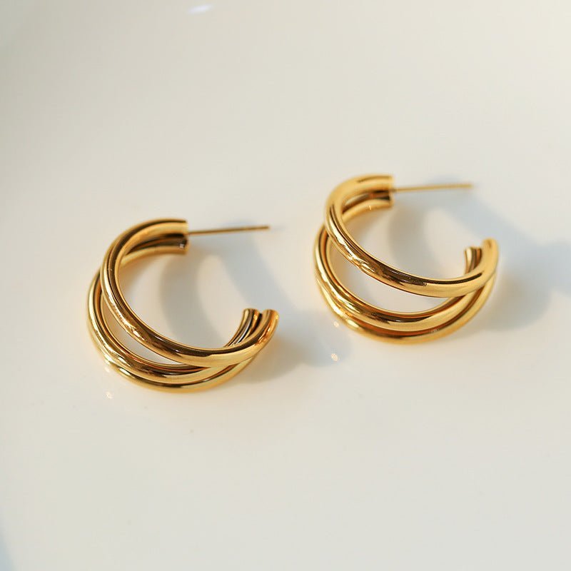 C Shape Three Prong Gold Earrings - floysun