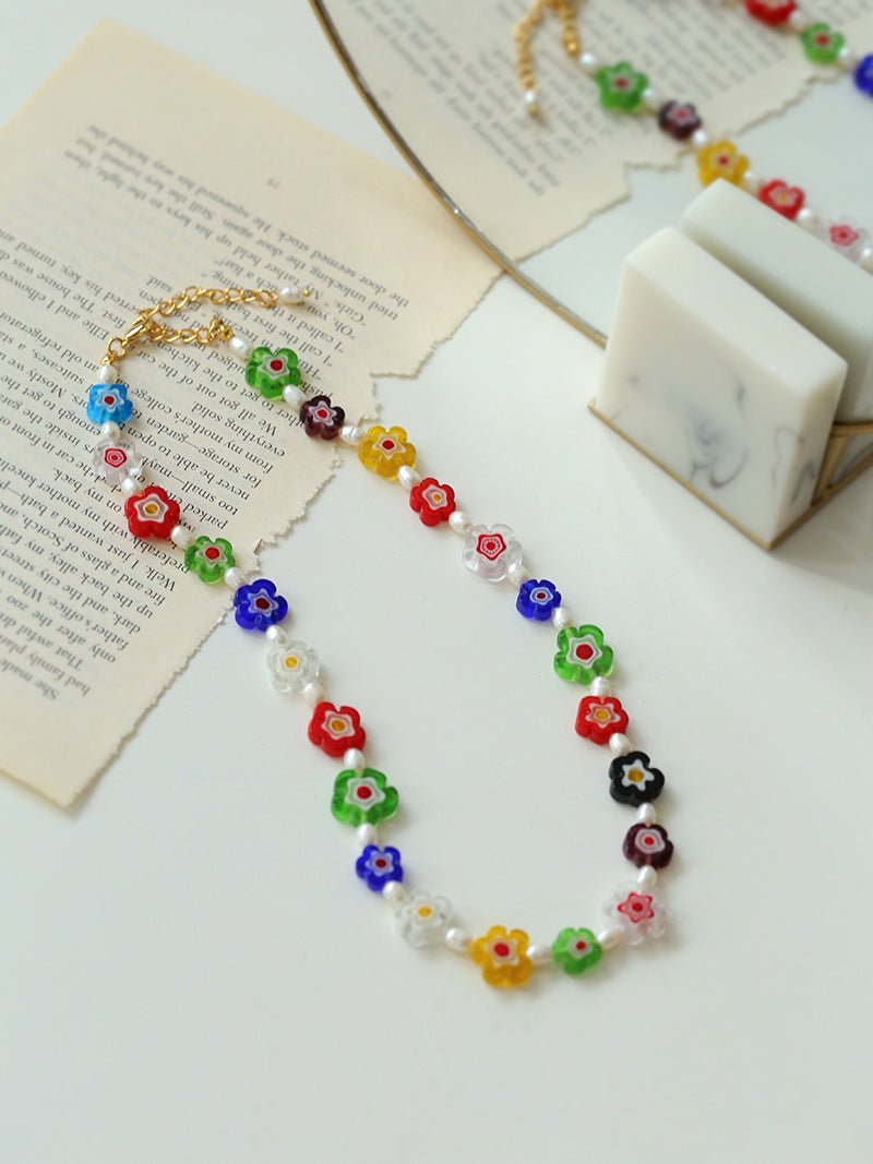 Colored Glaze Small Flower Pearl Necklace - floysun
