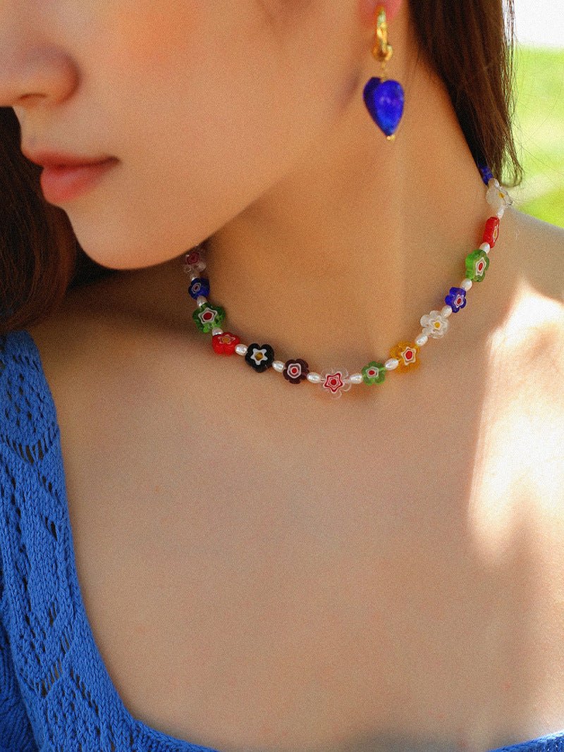 Colored Glaze Small Flower Pearl Necklace - floysun