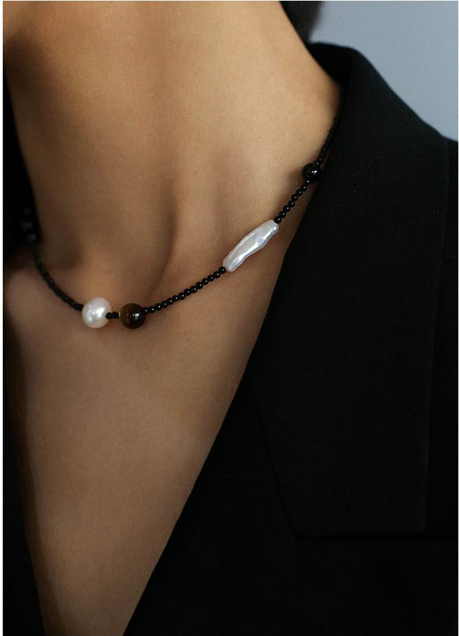 Contrasting Aesthetics Black Onyx Tiger Eye Stone Necklace - floysun