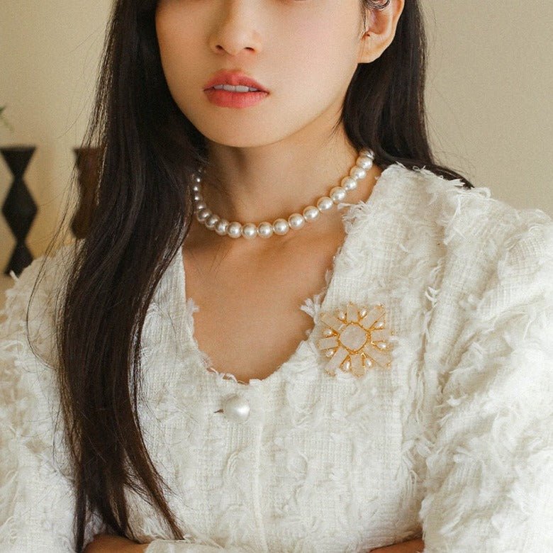 Crystal Cross Brooch & Sunflower Pearl Brooch - floysun