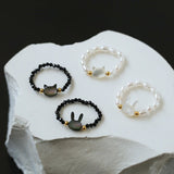 Cute Rabbit Cat Pearl Black Spinel Stretch Ring （Buy One Get One Free） - floysun