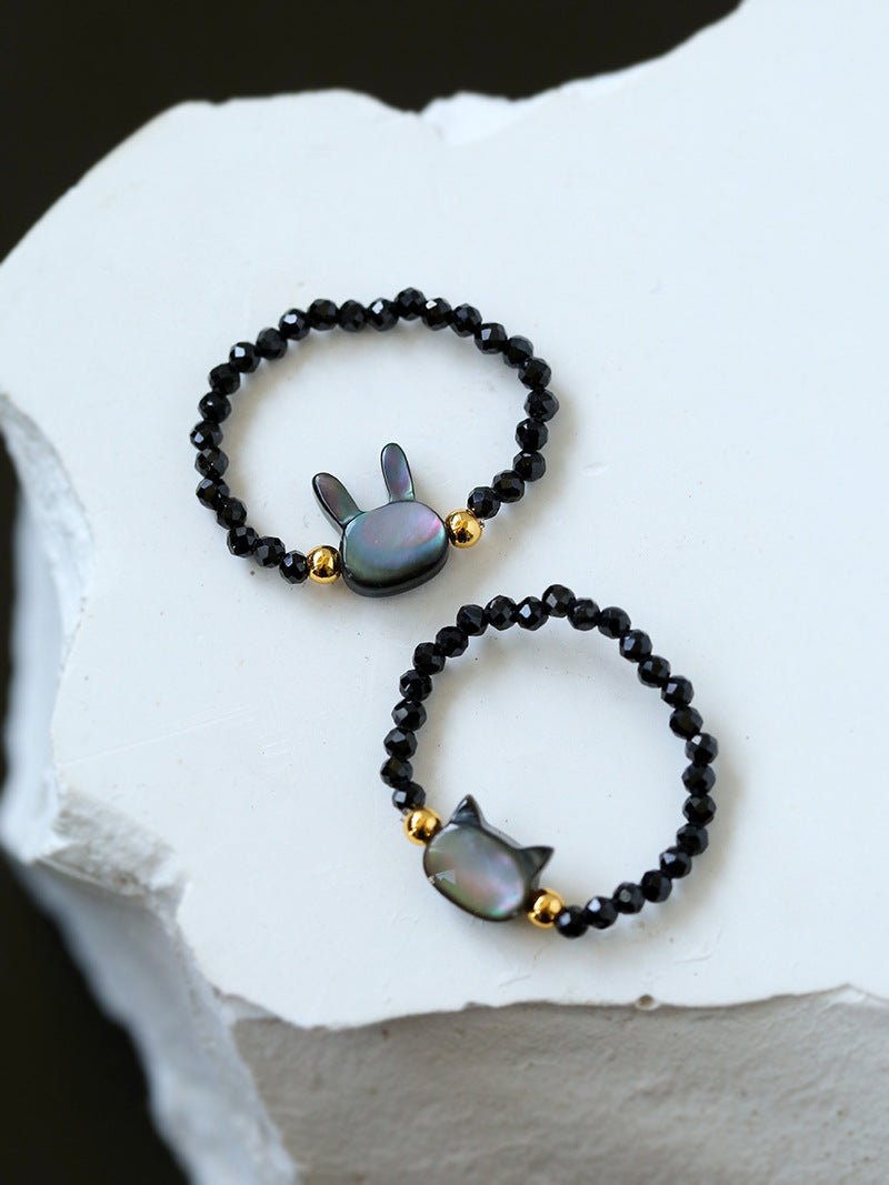 Cute Rabbit Cat Pearl Black Spinel Stretch Ring （Buy One Get One Free） - floysun