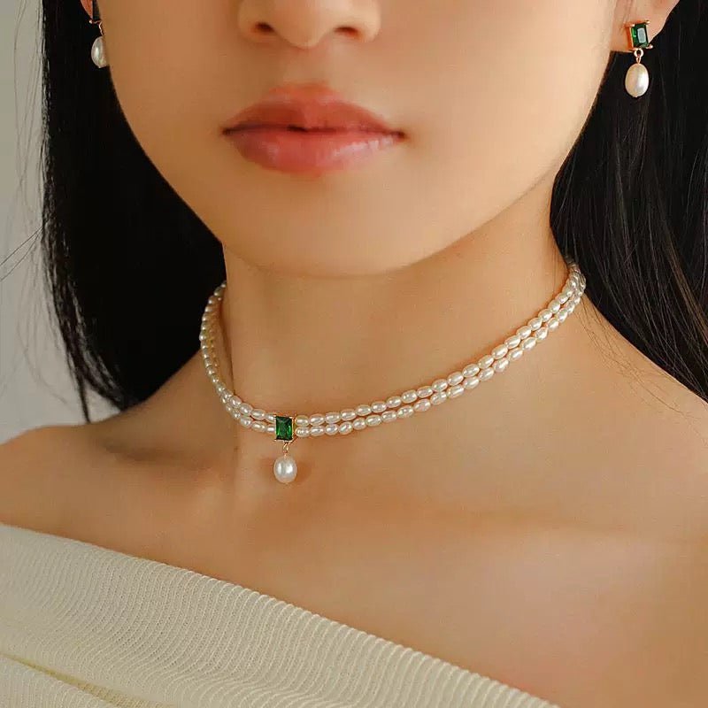 Elegant Emerald Freshwater Pearl Short Necklace - floysun