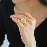 French Exotic Elegance: Blue-White Enamel Natural Stone Ring - floysun