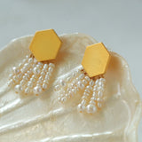 Frosted Hexagonal Braided Pearl Tassel Earrings - floysun