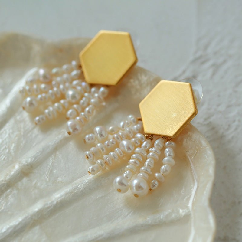 Frosted Hexagonal Braided Pearl Tassel Earrings - floysun