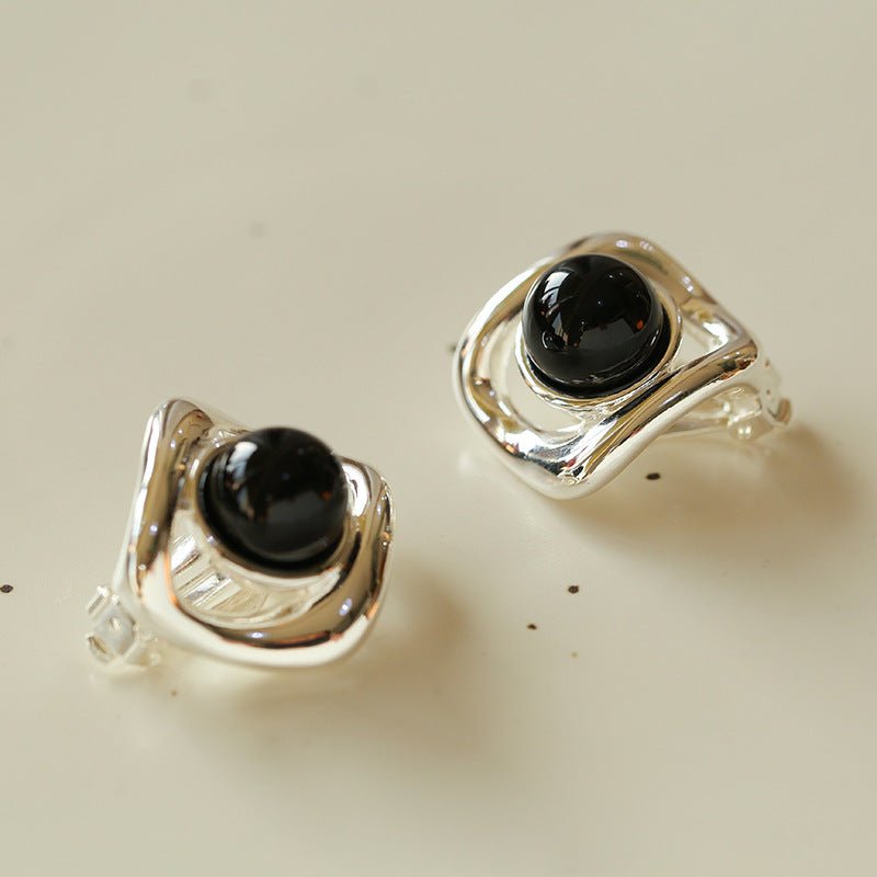 Geometric Black Onyx C Pearl Earrings Ear Clip
