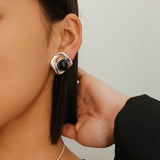 Geometric Black Onyx C Pearl Earrings Ear Clip
