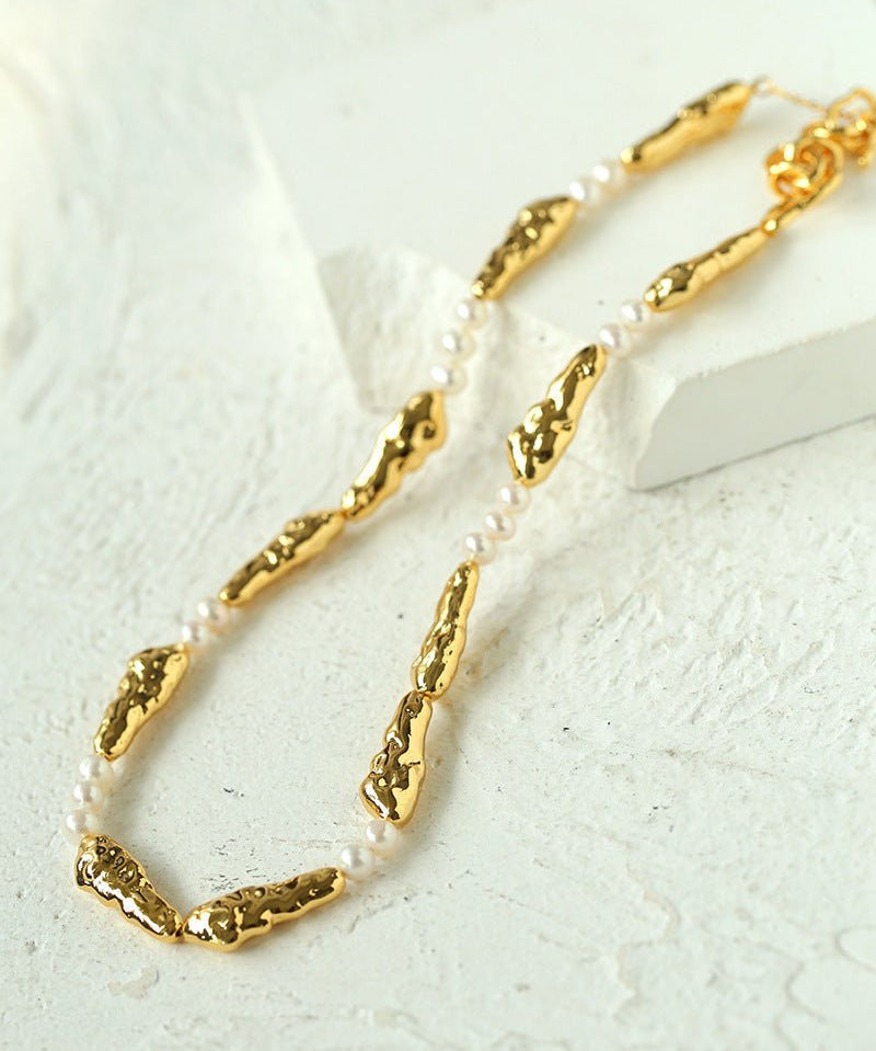 Geometric Irregular Metal Toothpick Spliced Round Pearl Necklace - floysun