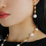 Gold Coin Lava Button Baroque Pearl Earrings - floysun