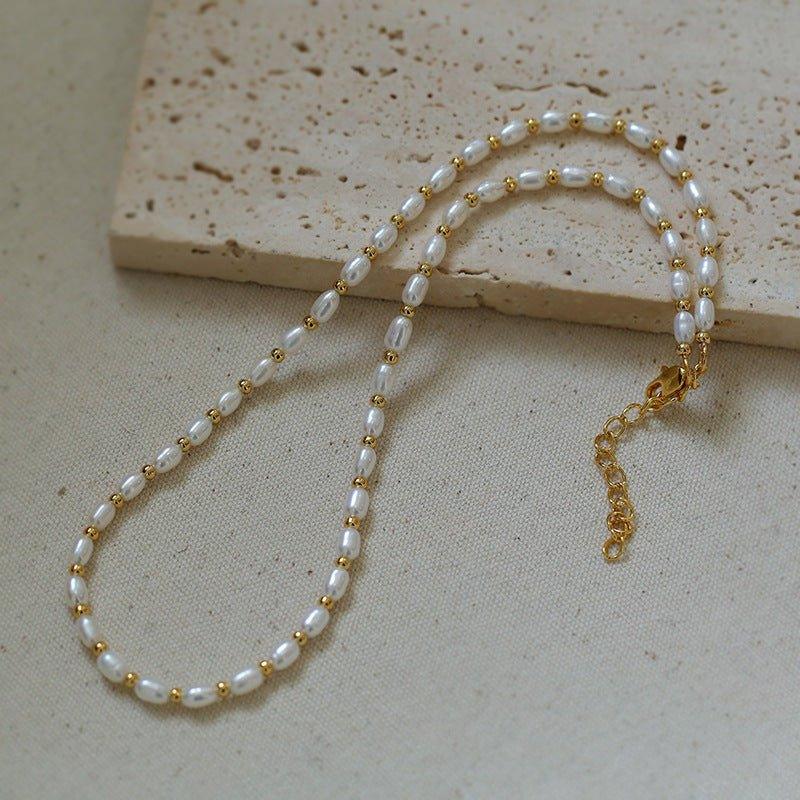 Golden Bead Mosaic Pearl Necklace - floysun