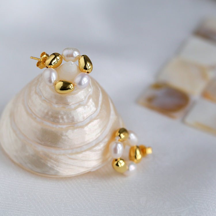 Golden Bean Donut Pearl Earrings - floysun