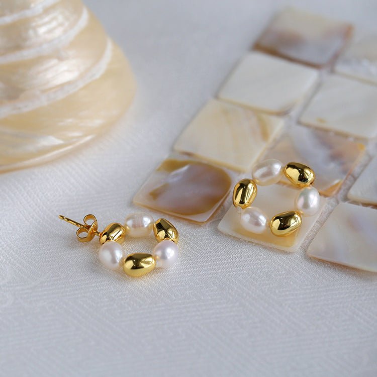 Golden Bean Donut Pearl Earrings - floysun