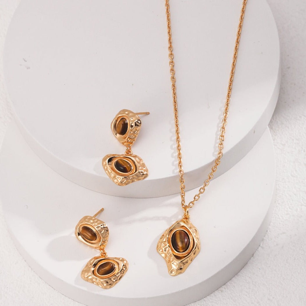 Golden Irregular Rhombus Tigers Eye Stone Necklace Pendants - floysun