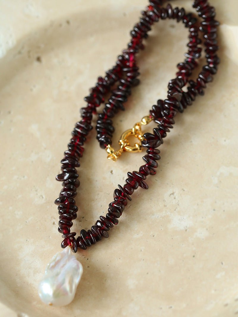 Golden Radiance: Baroque Pearl and Garnet Necklace - floysun