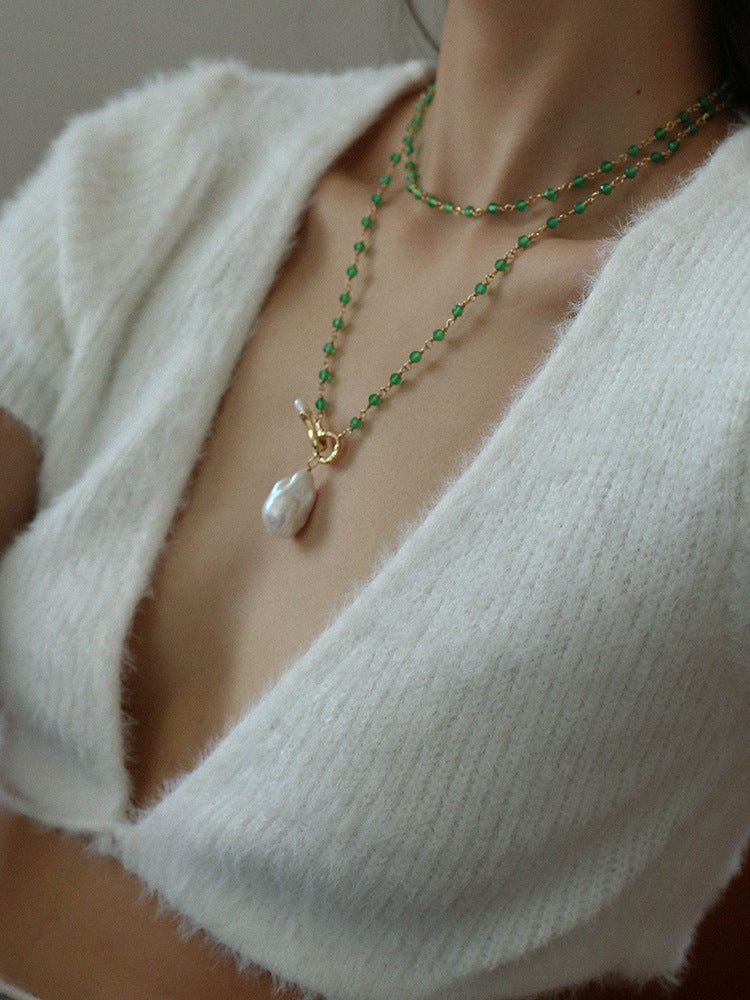 Green Onyx Baroque Pearl Necklace Multilayer Long Sweater Chain - floysun