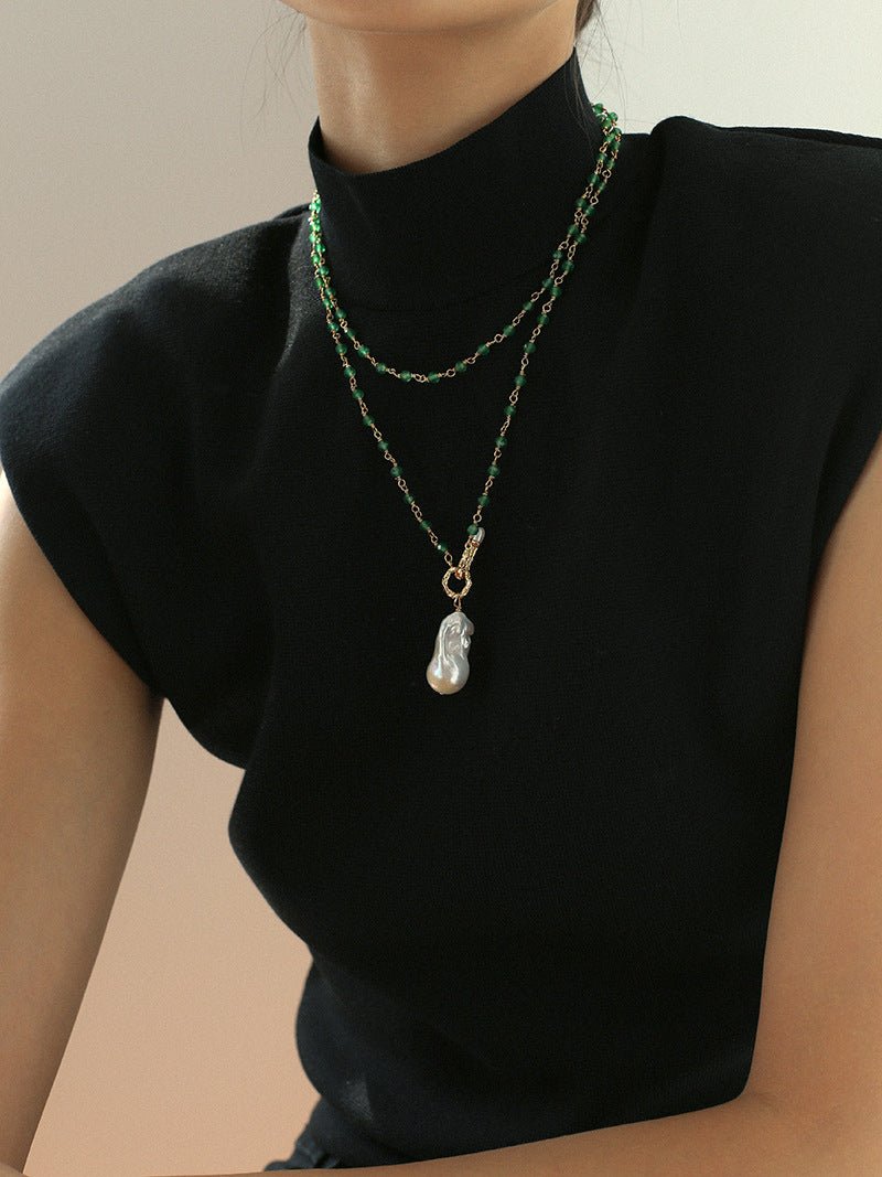 Green Onyx Baroque Pearl Necklace Multilayer Long Sweater Chain - floysun