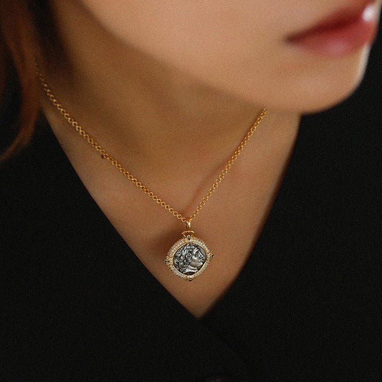 Green Zircon Apollo Silver Coin Necklace - floysun