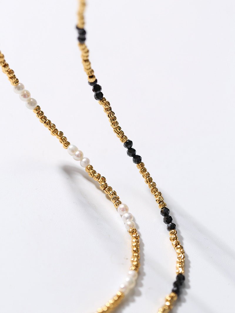 Handmade Black Spinel Golden Bean Mini Beaded Necklace - floysun