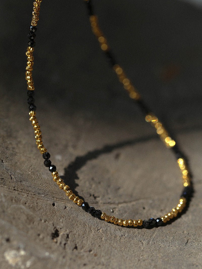 Handmade Black Spinel Golden Bean Mini Beaded Necklace - floysun