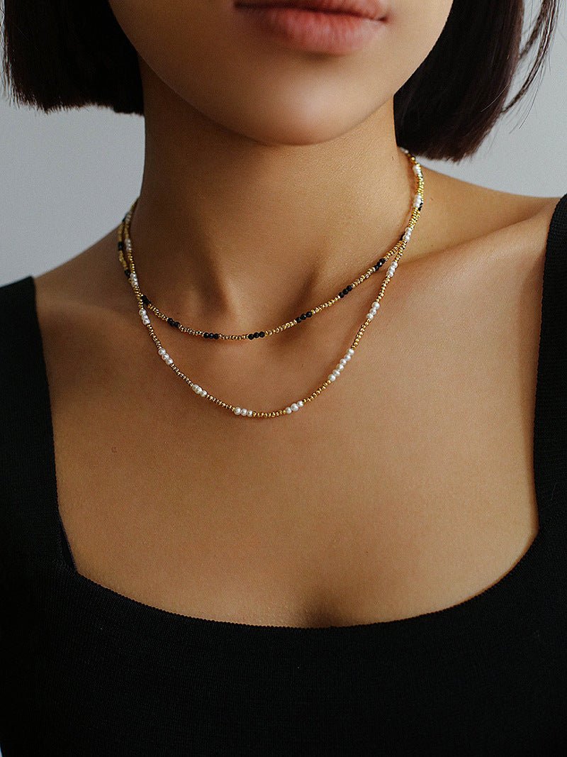 Handmade Black Spinel Golden Bean Mini Beaded Necklace - floysun