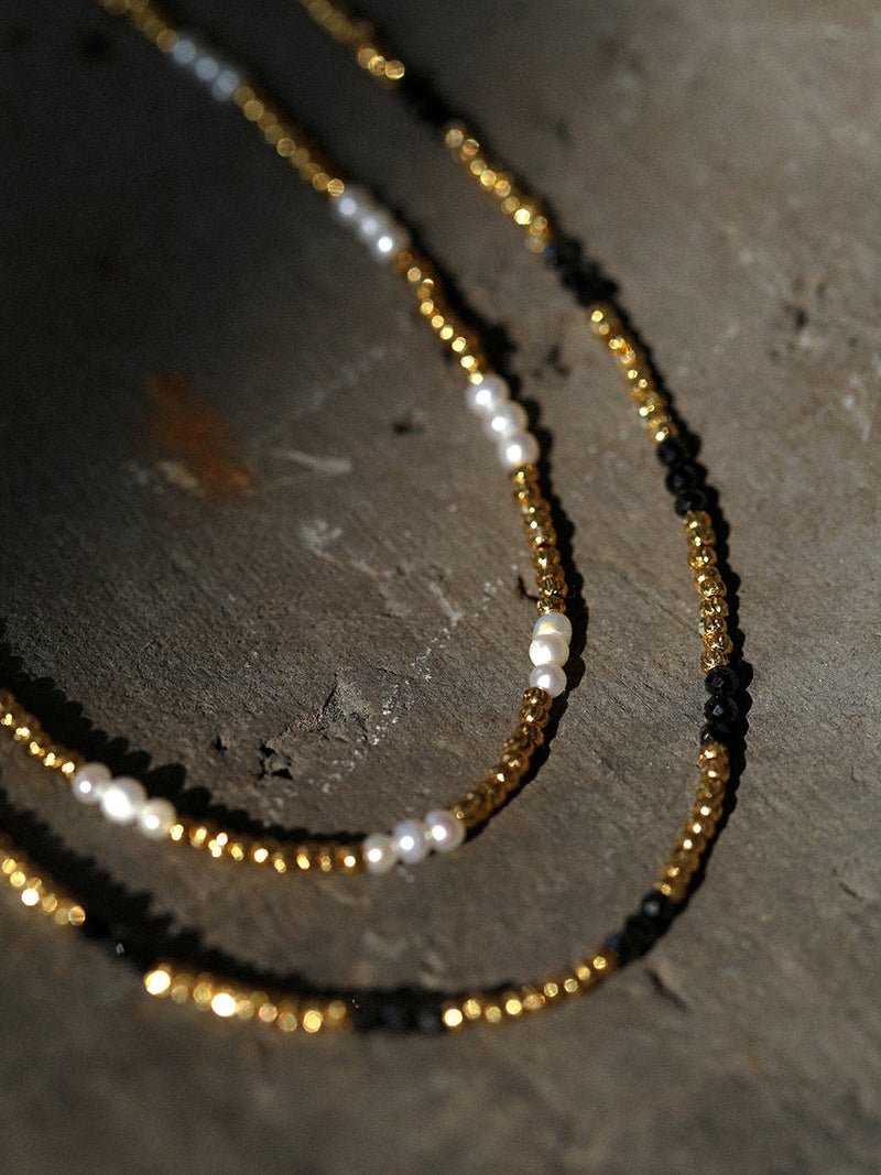 Handmade Black Spinel Golden Bean Mini Beaded Necklace - floysun