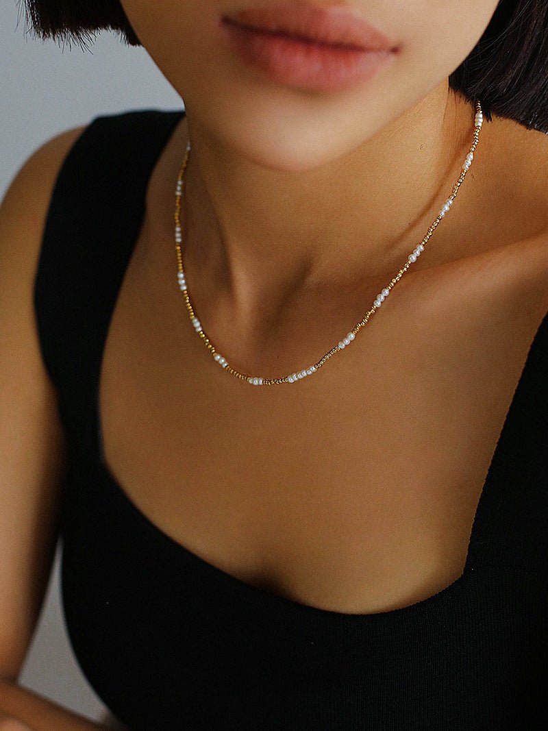 Handmade Black Spinel Golden Bean Mini Beaded Necklace - floysun