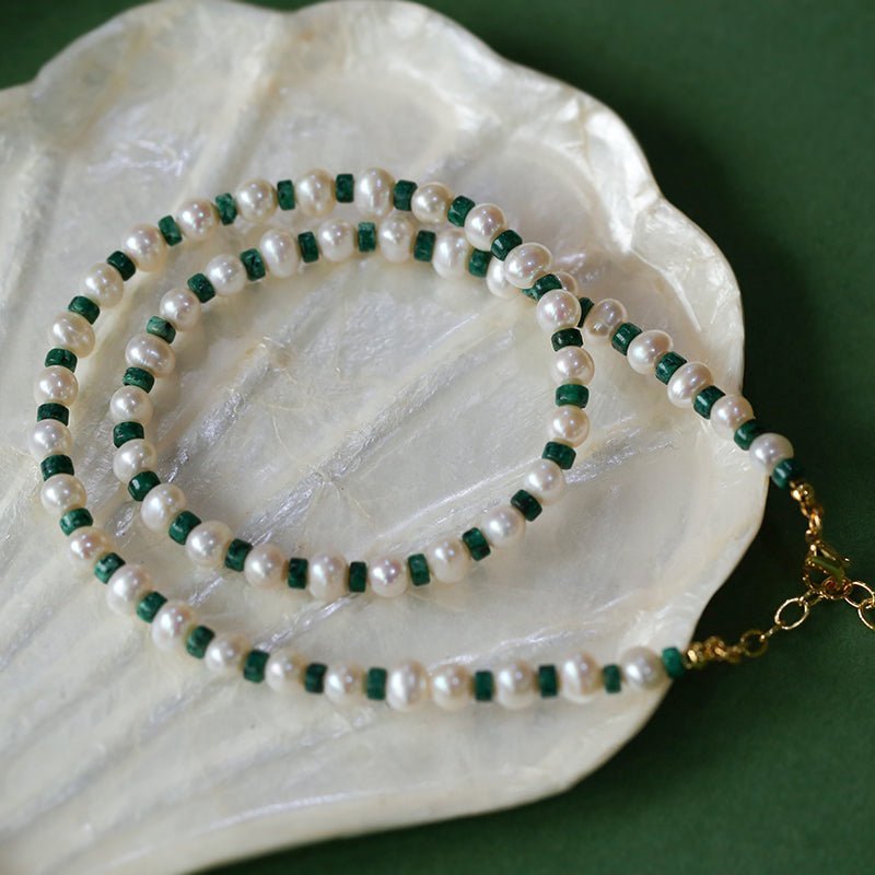 Handmade Green Natural Stone Beaded Pearl Necklace - floysun