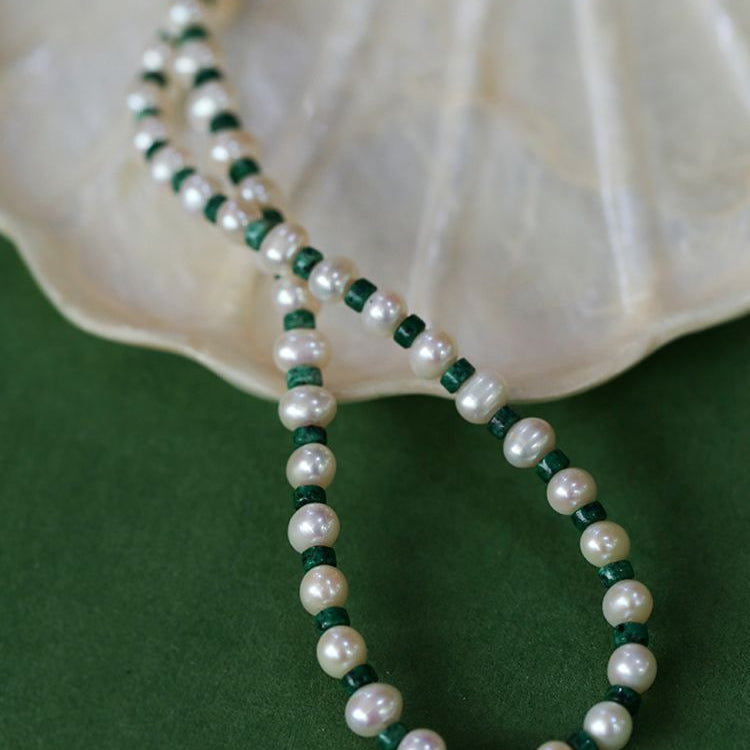 Handmade Green Natural Stone Beaded Pearl Necklace - floysun