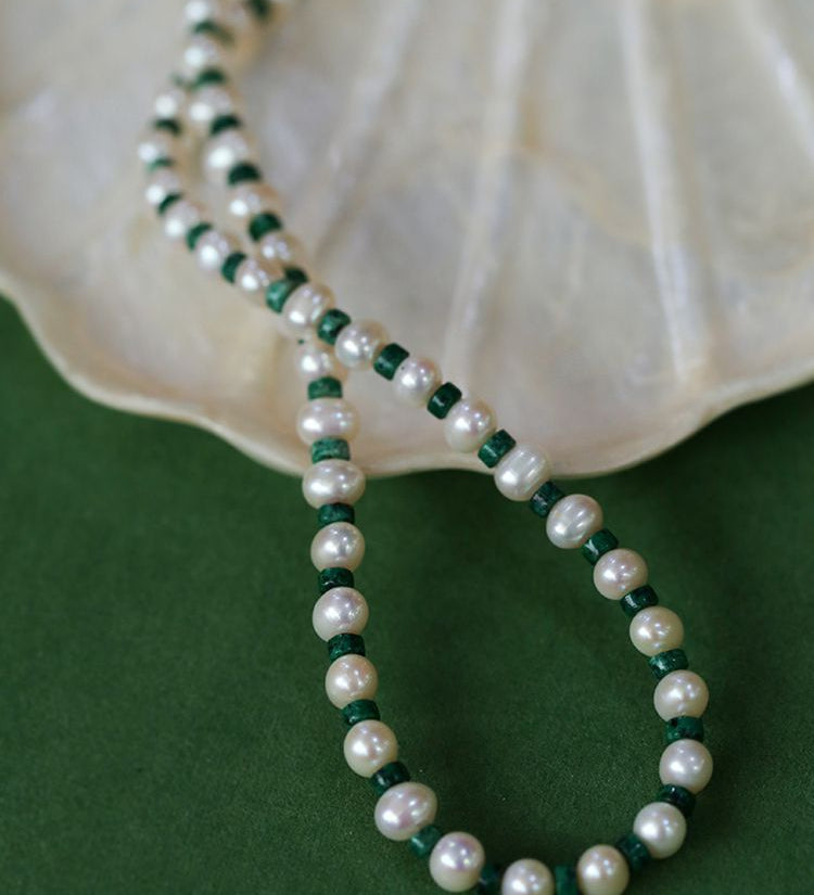 Handmade Green Natural Stone Beaded Pearl Necklace - floysun