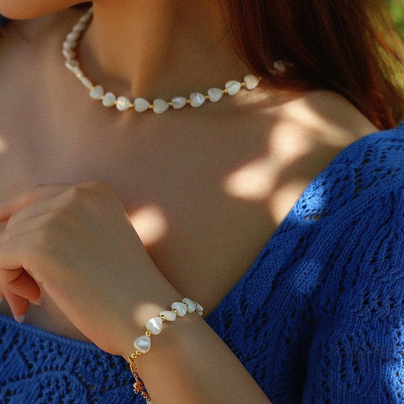 Heart-shaped White Mother-of-pearl Golden Bean Necklace Bracelet - floysun