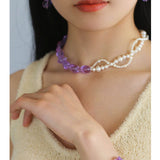 Lavender Purple Baroque Glass Double Pearl Wrap Necklace - floysun