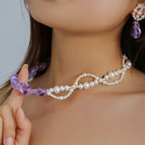 Lavender Purple Baroque Glass Double Pearl Wrap Necklace - floysun
