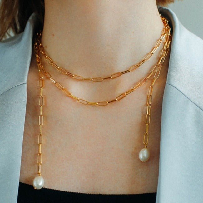 Long Geometric Chain Pearl Necklace Type K - floysun