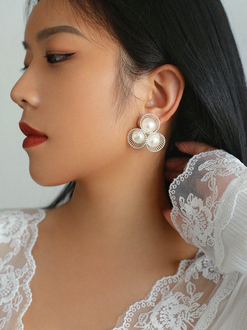 Multi-flower Hollow Half Round Pearl Stud Earrings - floysun