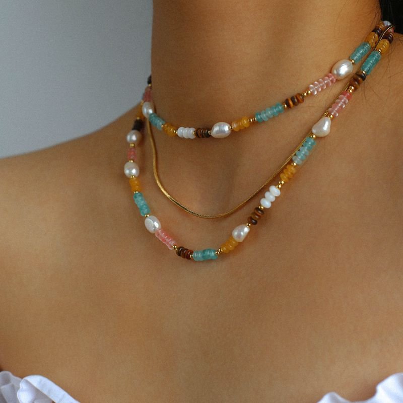 Multicolored Beaded Panel Pearl Necklace - floysun