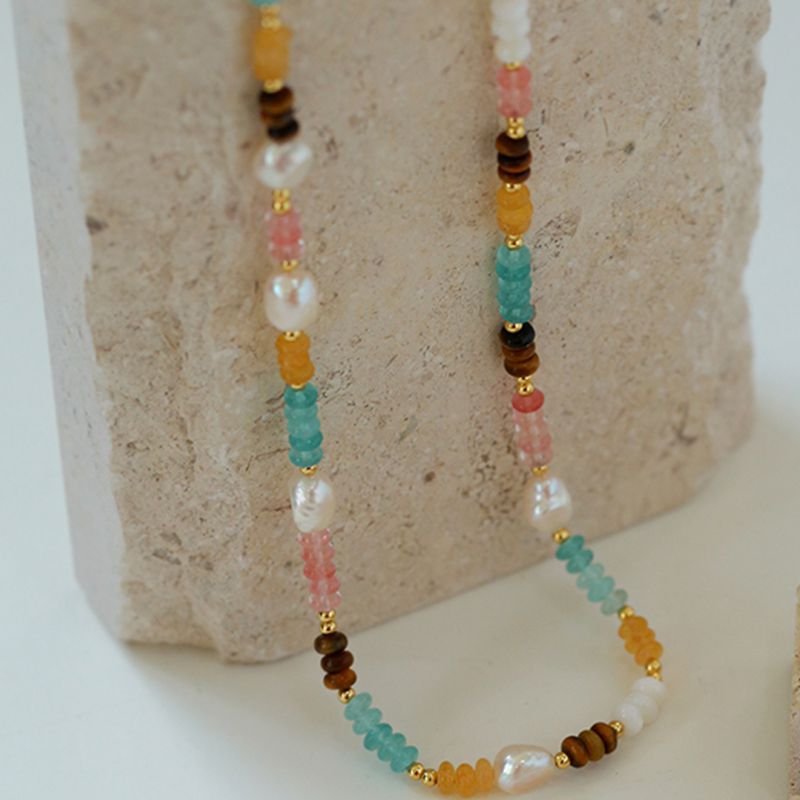 Multicolored Beaded Panel Pearl Necklace - floysun