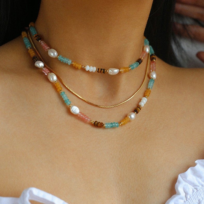 Multicolored Beaded Panel Pearl Necklace D - floysun