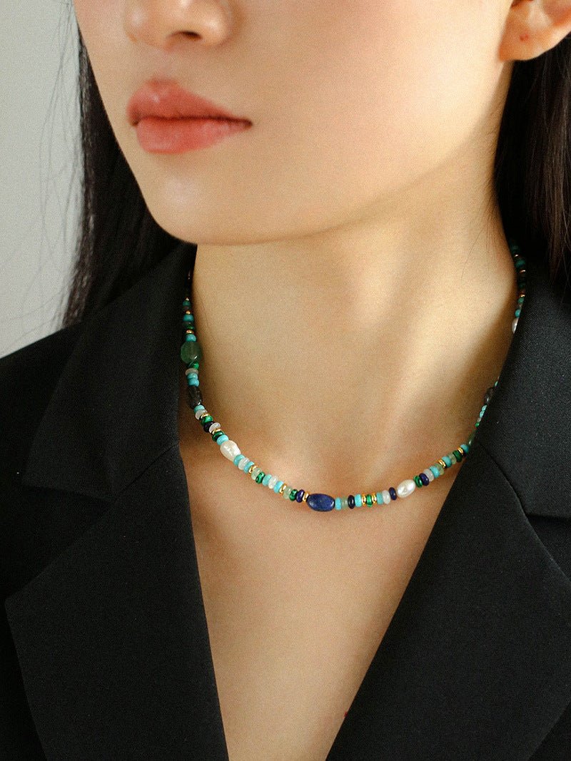 Multiple Irregular Colored Agate Jade Necklace -Blue - floysun