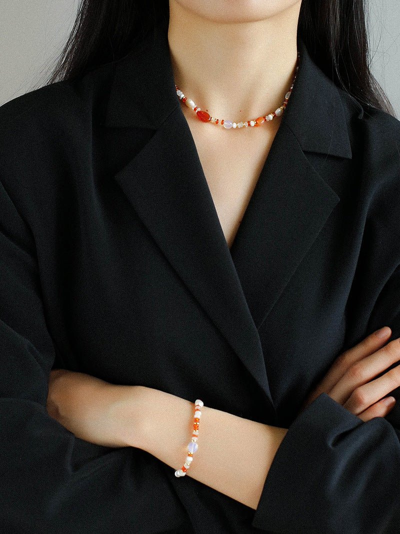 Multiple Irregular Colored Agate Jade Necklace -Red - floysun
