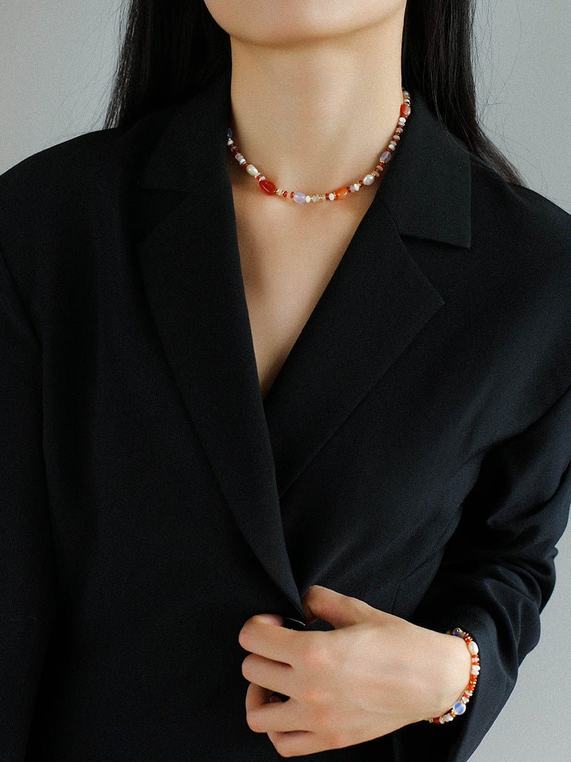 Multiple Irregular Colored Agate Jade Necklace -Red - floysun