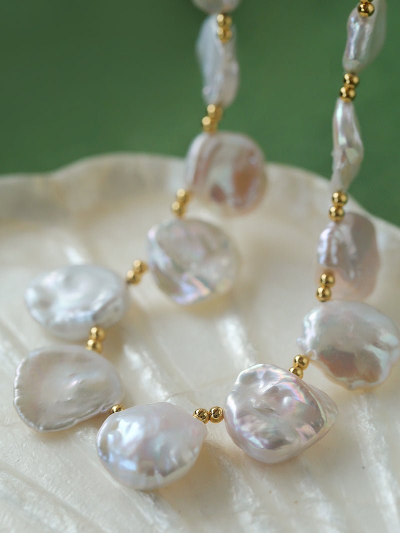 Natural Large Petal Baroque Pearls Necklace with Gold Bean - floysun