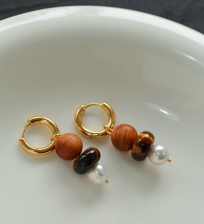 New Chinese Wood Grain Beaded Pearl Drop Earring - floysun